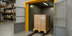 elevador montacargas en almacén funcionando