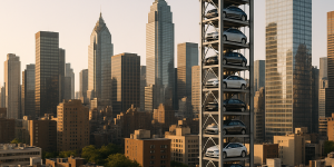 Skyline urbano con torre vertical de estacionamiento destacada