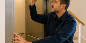 Técnico revisando elevador residencial durante mantenimiento