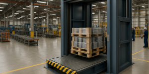 Elevador industrial en planta de producción operando cargas pesadas