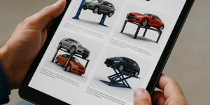 Persona revisando catálogo de elevadores de autos en una tablet
