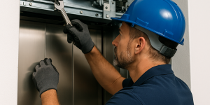 Técnico realizando mantenimiento a elevador comercial