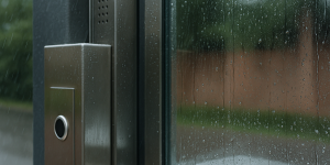 Detalle de materiales resistentes en elevador exterior bajo lluvia