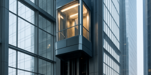 Elevador de alta velocidad ascendiendo en un rascacielos moderno