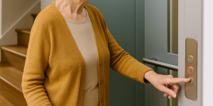 Persona mayor usando elevador residencial de forma segura