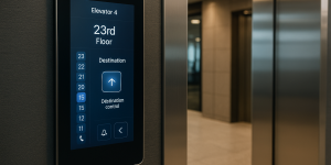 Panel inteligente de control de elevadores en edificio empresarial