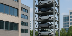 Torre de estacionamiento automatizada con autos apilados en niveles dentro de una estructura metálica en una ciudad moderna