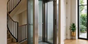 Elevador residencial moderno instalado en el interior de una vivienda elegante junto a una escalera de diseño