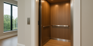Interior de un elevador residencial moderno con acabados en madera dentro de una casa contemporánea