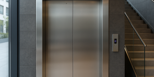 Elevador comercial moderno de acero inoxidable en un edificio con diseño minimalista y eficiencia energética