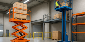 Elevador montacargas de tijera y de columna en funcionamiento dentro de un almacén industrial moderno