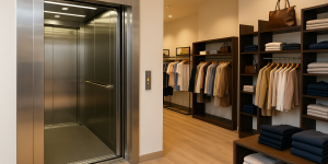 Elevador comercial moderno integrado en un pequeño negocio de ropa con diseño minimalista.