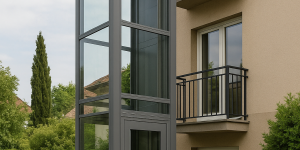 Vivienda moderna con un elevador exterior de vidrio y estructura metálica junto a un jardín