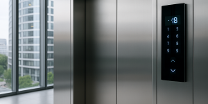 Elevador inteligente moderno con panel digital en un edificio corporativo de última generación