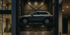 Elevador para autos en un edificio moderno con un SUV en plataforma iluminada