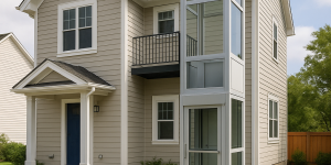 Elevador exterior moderno instalado en una vivienda familiar de dos pisos, integrado de forma armónica a la fachada