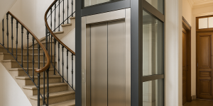 Elevador moderno de vidrio y metal instalado en un edificio antiguo junto a una escalera de piedra clásica