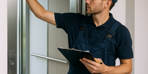Técnico realizando mantenimiento a un elevador residencial moderno con herramientas y portapapeles