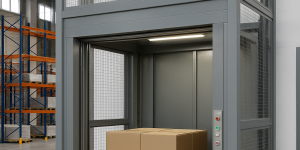 Elevador montacargas industrial con plataforma metálica transportando cajas en un almacén moderno con estanterías