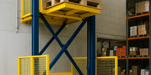 Elevador montacargas hidráulico transportando un pallet con cajas en un almacén moderno con estanterías metálicas organizadas
