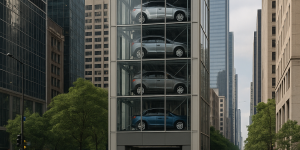 Torre de estacionamiento automatizada en pleno centro urbano, con autos almacenados en varios niveles y tráfico fluido alrededor