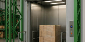 Elevador montacargas industrial moderno con pallets de cajas en un almacén, rodeado de estructura metálica verde que simboliza sostenibilidad