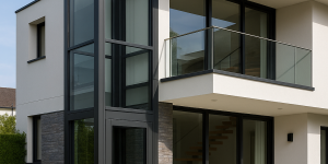 Elevador exterior de vidrio y acero integrado en la fachada de una casa moderna de dos pisos con diseño elegante y minimalista