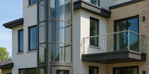 Elevador exterior cilíndrico de vidrio y acero adosado a la fachada de una casa moderna de tres pisos con balcones y jardín cuidado