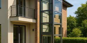 Elevador exterior panorámico de vidrio y acero integrado en la fachada de una casa residencial de varios pisos con diseño contemporáneo