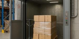 Elevador montacargas industrial transportando un pallet con cajas en un almacén moderno con estanterías metálicas y ambiente iluminado