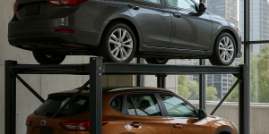 Estacionamiento urbano con un elevador para autos moderno, sosteniendo un sedán gris en la parte superior y un SUV naranja debajo