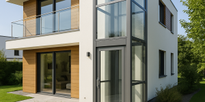 Casa moderna de dos pisos con un elevador exterior de vidrio y metal integrado en su fachada