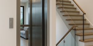 Elevador residencial moderno integrado en el interior de una casa contemporánea junto a una escalera flotante de diseño elegante