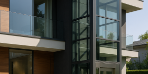 Elevador exterior de vidrio y acero instalado en la fachada de una casa contemporánea de dos pisos con diseño elegante y jardín cuidado