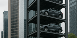 Torre automatizada de estacionamiento urbano con varios autos en plataformas verticales, rodeada de edificios modernos