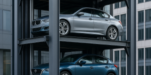Torre automatizada de estacionamiento con autos distribuidos en varios niveles verticales, ubicada en un entorno urbano moderno