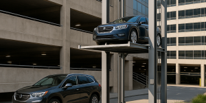 Elevador para autos moderno elevando un sedán azul junto a un estacionamiento tradicional de varios niveles en un entorno urbano contemporáneo