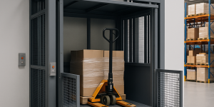 Elevador montacargas industrial transportando pallets con cajas en un almacén moderno con estanterías metálicas organizadas