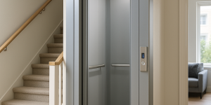 elevador compacto moderno instalado en el interior de una vivienda elegante junto a una escalera