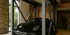 elevador de lujo para autos en residencia moderna con coche deportivo y estructura metálica elegante