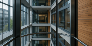 elevador moderno de vidrio integrado en edificio contemporáneo con luz natural