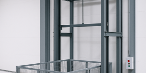 elevador montacargas eléctrico moderno en entorno industrial limpio con estructura metálica