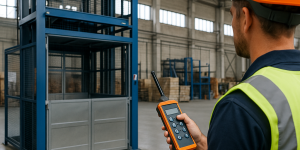 operador usando control remoto inalámbrico para manejar un elevador montacargas moderno en entorno industrial