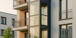 elevador residencial silencioso moderno de vidrio y acero en edificio multifamiliar