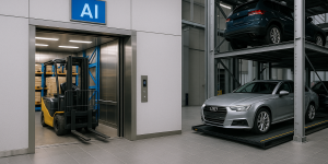 ilustración moderna de elevadores y torres de estacionamiento con inteligencia artificial