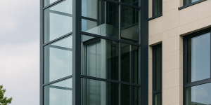elevador moderno de vidrio y acero integrado en un edificio con diseño arquitectónico elegante