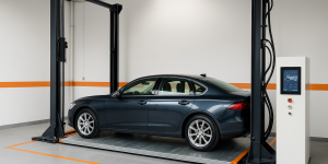 elevador para autos moderno con sensores y pantalla digital en garaje automatizado