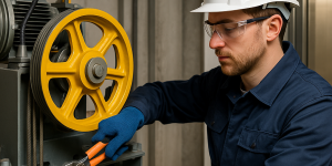 técnico profesional realizando mantenimiento a un elevador moderno en edificio