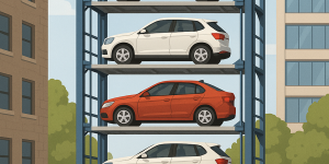 vista moderna de un estacionamiento automatizado vertical con autos en plataformas elevadas