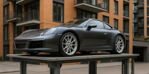 elevador para autos moderno en edificio urbano con un coche deportivo elevado